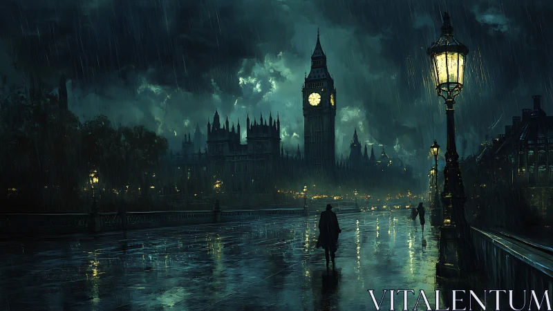 Rain-soaked London bridge under moody gothic skyline.