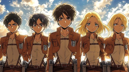 Determined anime squad standing together under glowing skies.