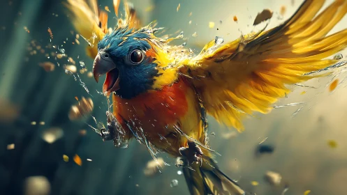 Vibrant Parrot in Flight with Dynamic Water Splash, Digital Art.