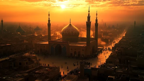 Golden domed mosque skyline under vivid sunset light.