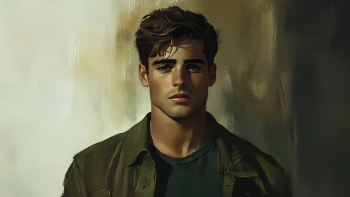 Brooding young man in painterly light and muted shadows.