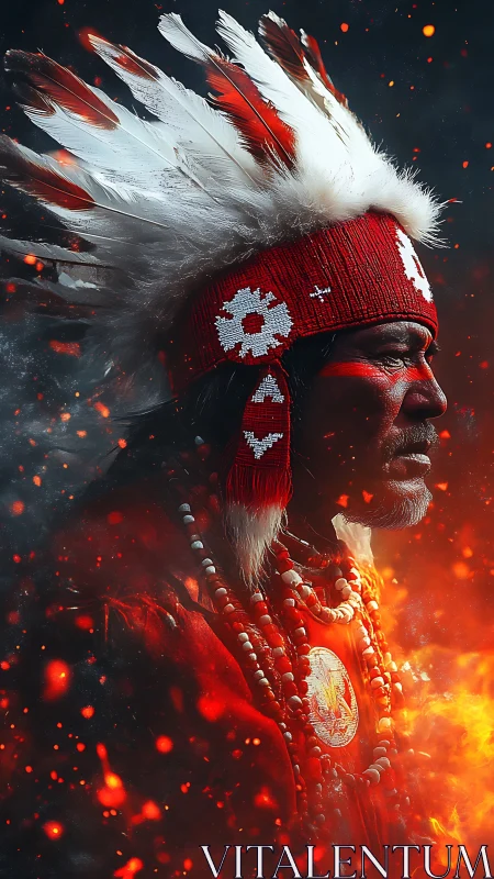 Digital warrior portrait with feathered headdress and fire.