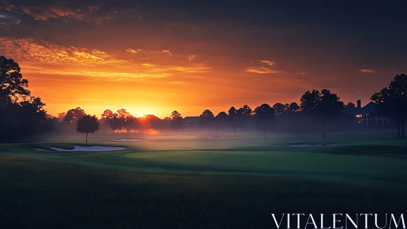 Sunrise mist drifts over a tranquil championship golf course.