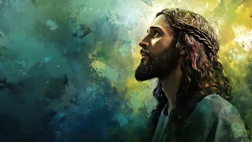 Side-lit bearded figure in profile against abstract teal-yellow field