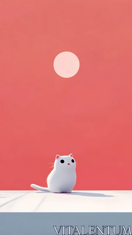Cute white 3D cat gazes at a pastel sun in pink minimalism