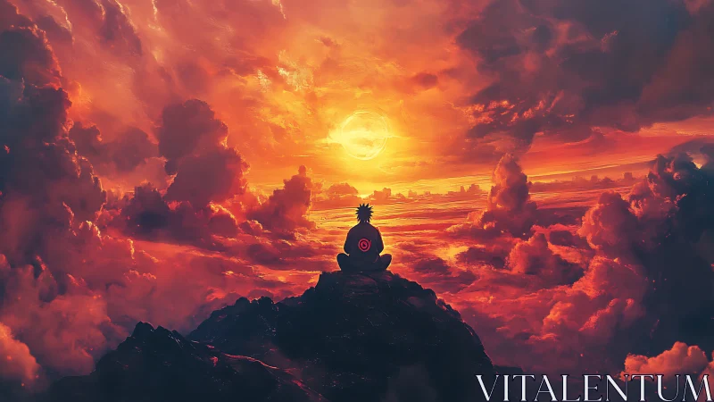 Sunset meditation above the clouds in blazing orange skies.