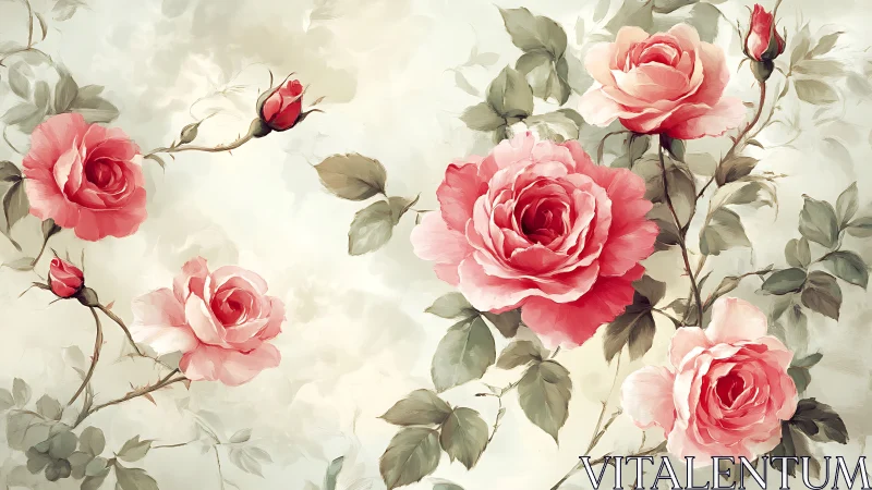 Watercolor Botanical Garden: Pink Garden Roses with Muted Foliage