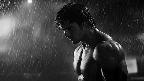 Moody monochrome portrait shows muscular man standing in rain
