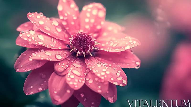 Magenta Dahlia Drenched in Dewdrops Under Golden Light.