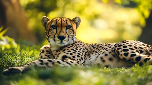 Resting cheetah in sunlit grass with blurred forest bokeh.