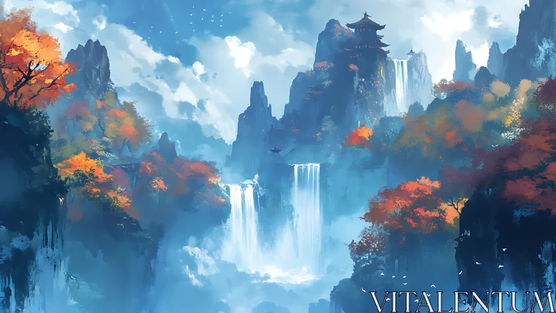 Misty mountain waterfalls and hidden autumn temples at dawn.
