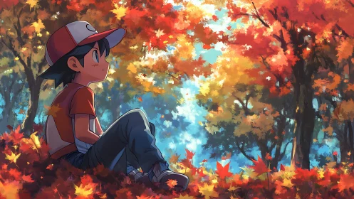 Anime boy resting in vivid autumn forest under glowing canopy