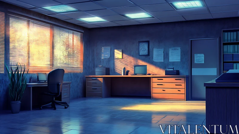 Sunlit office interior with directional key lighting and cool shadows