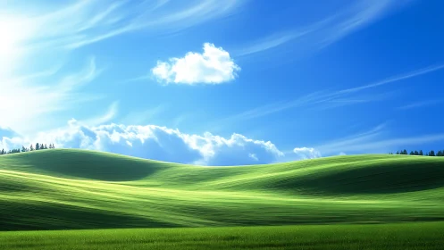 Gentle green hills roll under a bright and calming blue sky