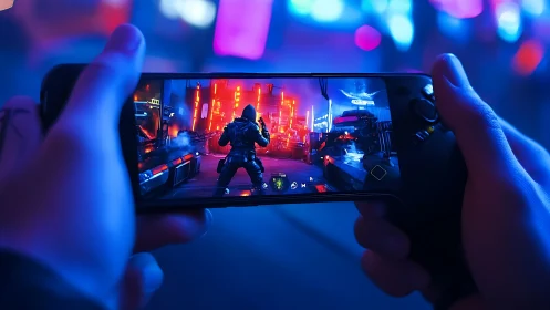 Cyberpunk mobile game on handheld console in neon city.