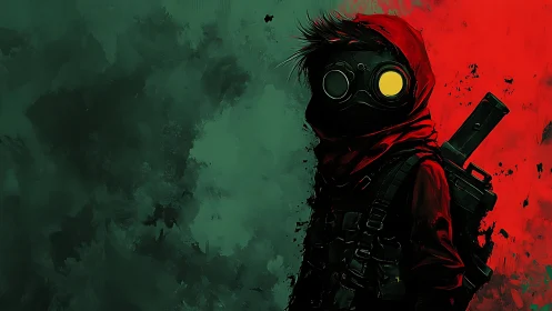 Hooded wasteland scout with glowing goggles in split hues.