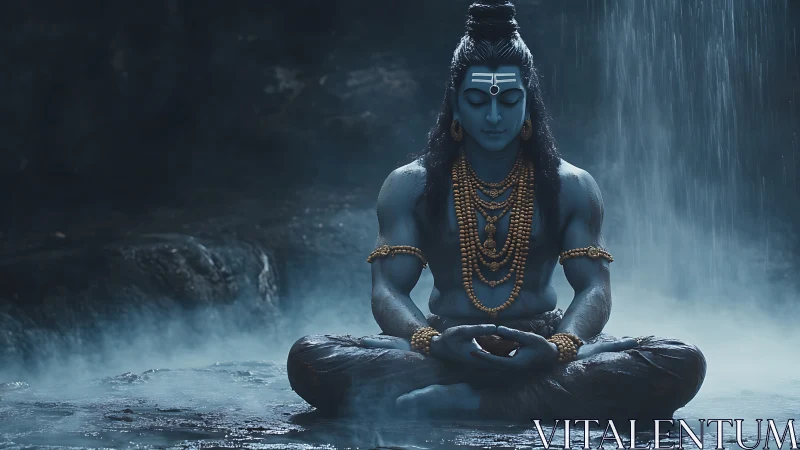Serene blue deity meditates calmly beneath gentle waterfall