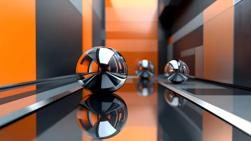 Chrome spheres on reflective orange geometric corridor.