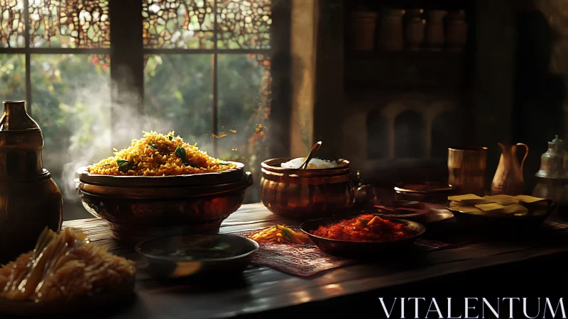 Warm kitchen feast with fragrant rice in golden evening light.