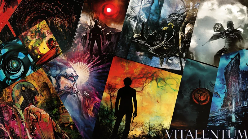 Collaged dark fantasy posters merge silhouettes and chromatic chaos