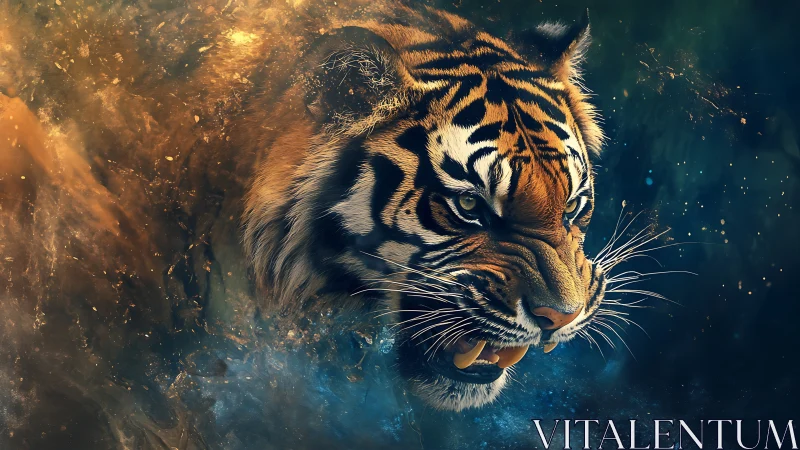 Tiger head emerges in mid-roar from swirling abstract mist