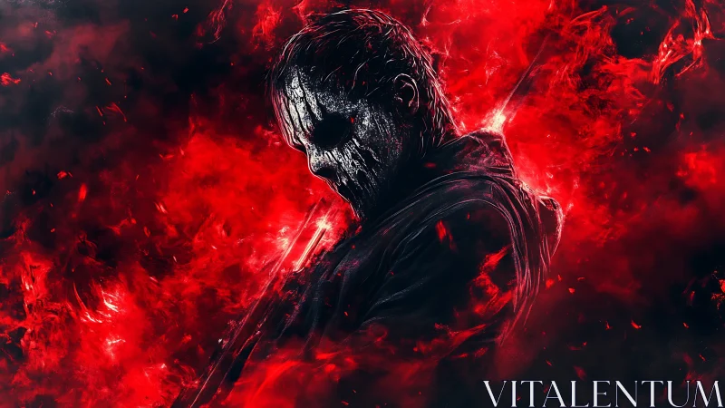 Skull-faced warrior in red inferno with dynamic smoke textures.