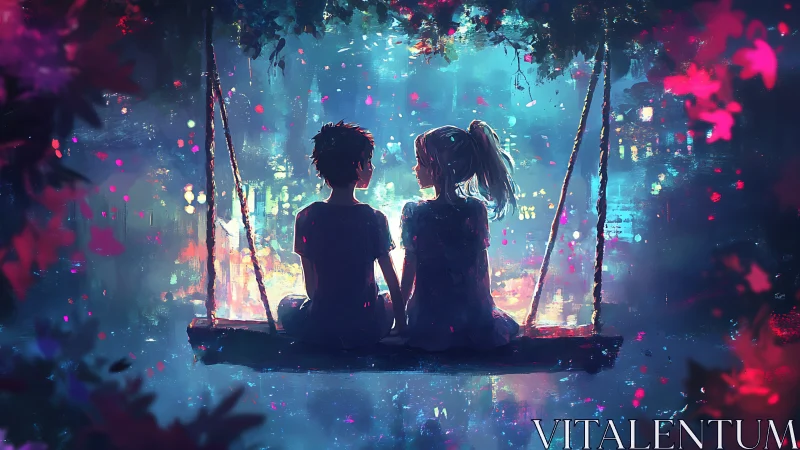 Starlit swing duet above neon water and painted night.