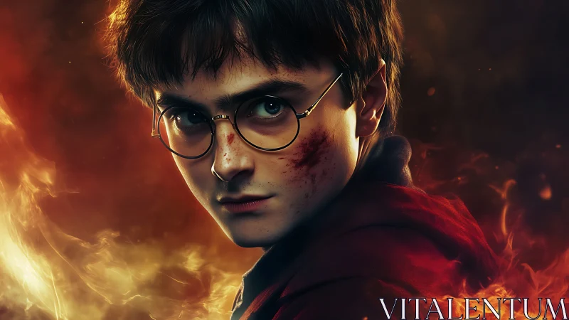 Young wizard in swirling firelight with determined gaze.