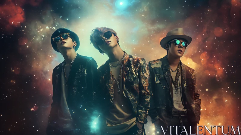 Starlit streetwear trio drifting through a cosmic nightscape.