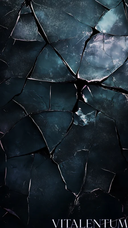 Cracked dark glass surface with teal light and deep fractures.