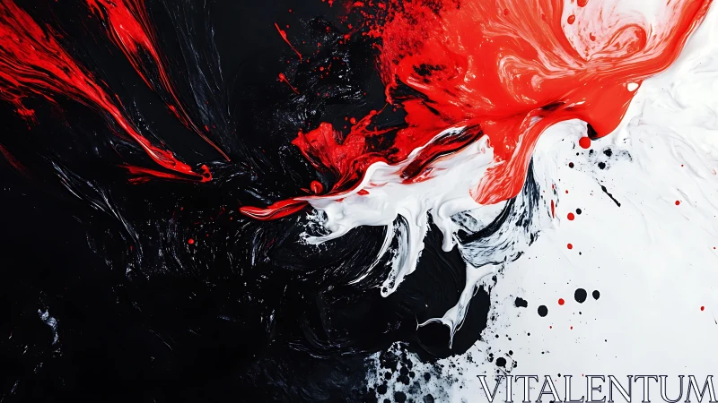 Dynamic abstract painting with black, red and white swirling patterns.