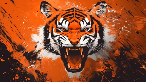 Tiger head illustration with open jaws on splattered backdrop.