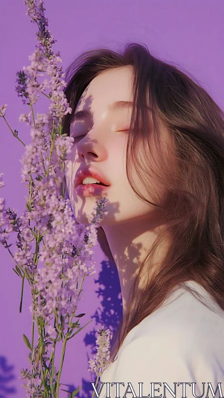 Young woman by lavender flowers against vivid purple wall.