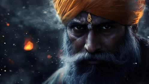 Stern turbaned elder with jeweled brow in smoky darkness.