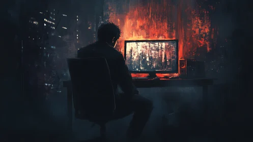 Solitary figure at computer in dark red lit room.