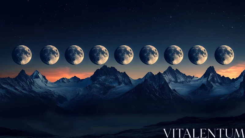 Lunar phase alignment over alpine ridge in digital painting style.