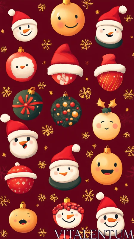 Christmas ornament characters on red festive background.