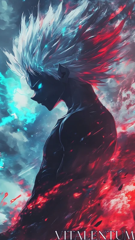 Powerful anime figure with glowing hair amid fire and ice.