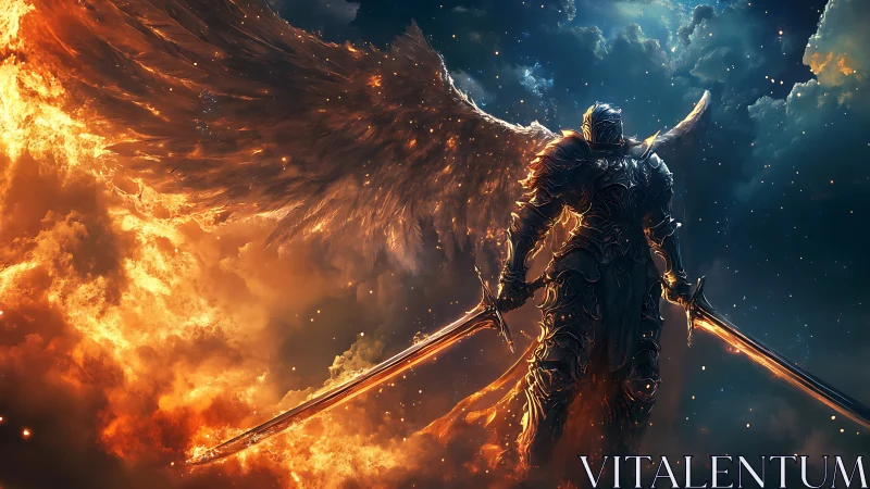 Armored seraph warrior with flaming swords in dynamic backlit nebula