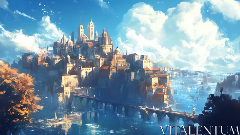 Luminous cliffside citadel with arched bridge composition.