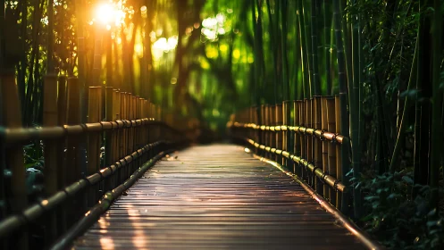 Sunlit bamboo path curves through lush green forest.