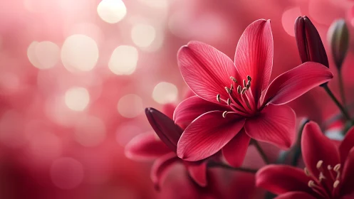 Deep Crimson Lily Blooms with Translucent Petals Against Soft Pink Bokeh Gradient