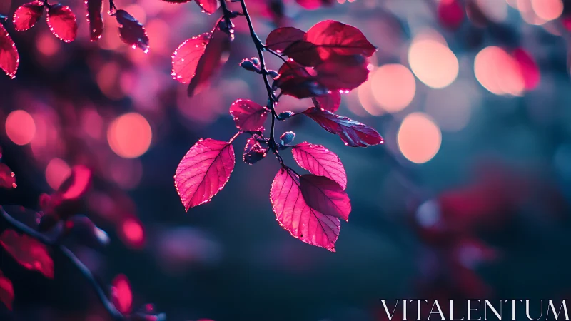Branch with red leaves against blurred circular lights.