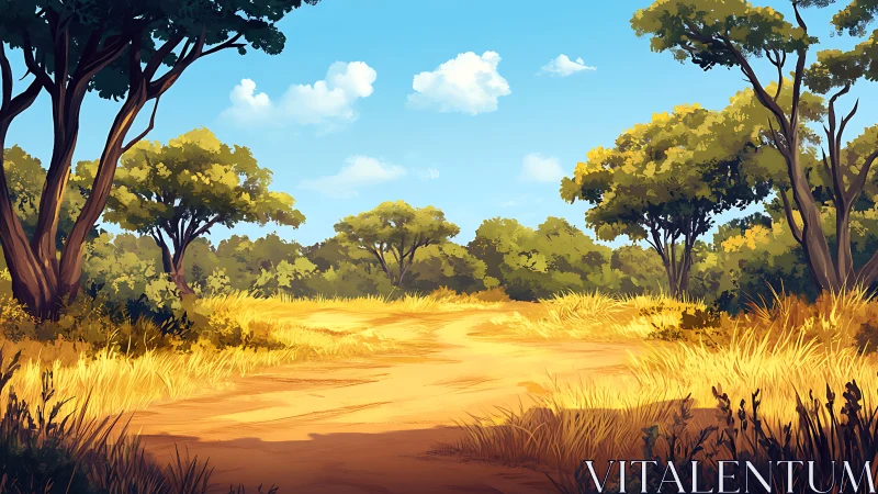 Sunlit savanna path rendered in stylized digital painting