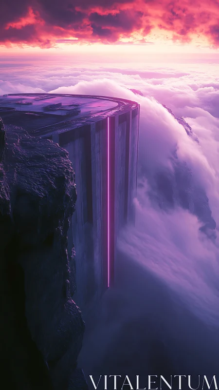 Rectangular structure extends above dense clouds at sunset