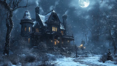 Snow-covered gothic mansion under moonlit winter sky.