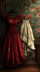 Textured floral gowns suspended against ornate vintage wall.