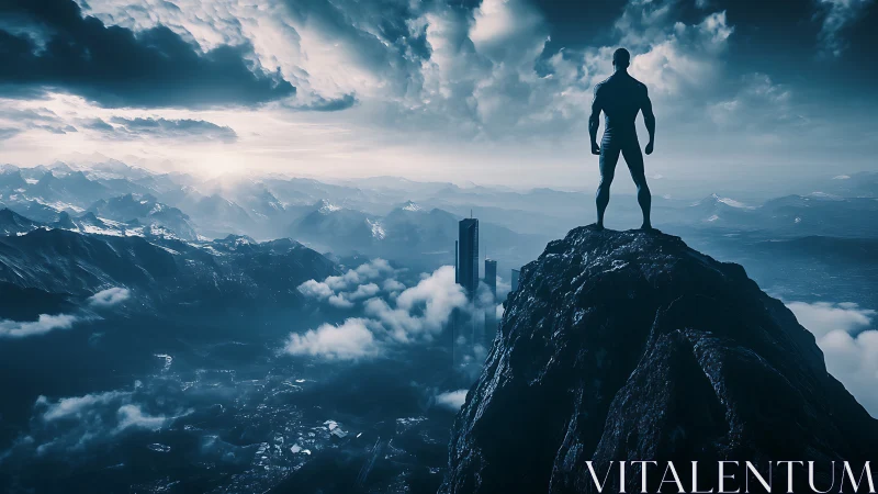 Heroic silhouette overlooks futuristic city amid storm clouds