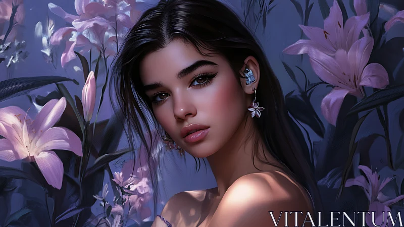 Midnight lily muse with cyber earpiece in violet bloom.