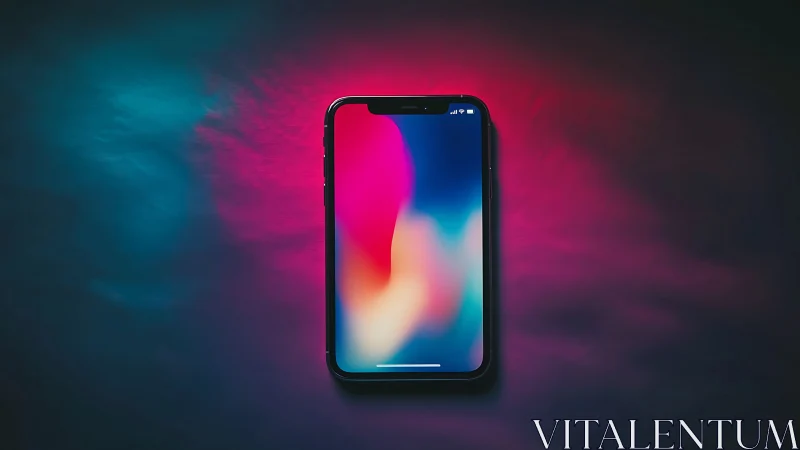 Smartphone with Neon Gradient Display Against Dark Ambient Backdrop.